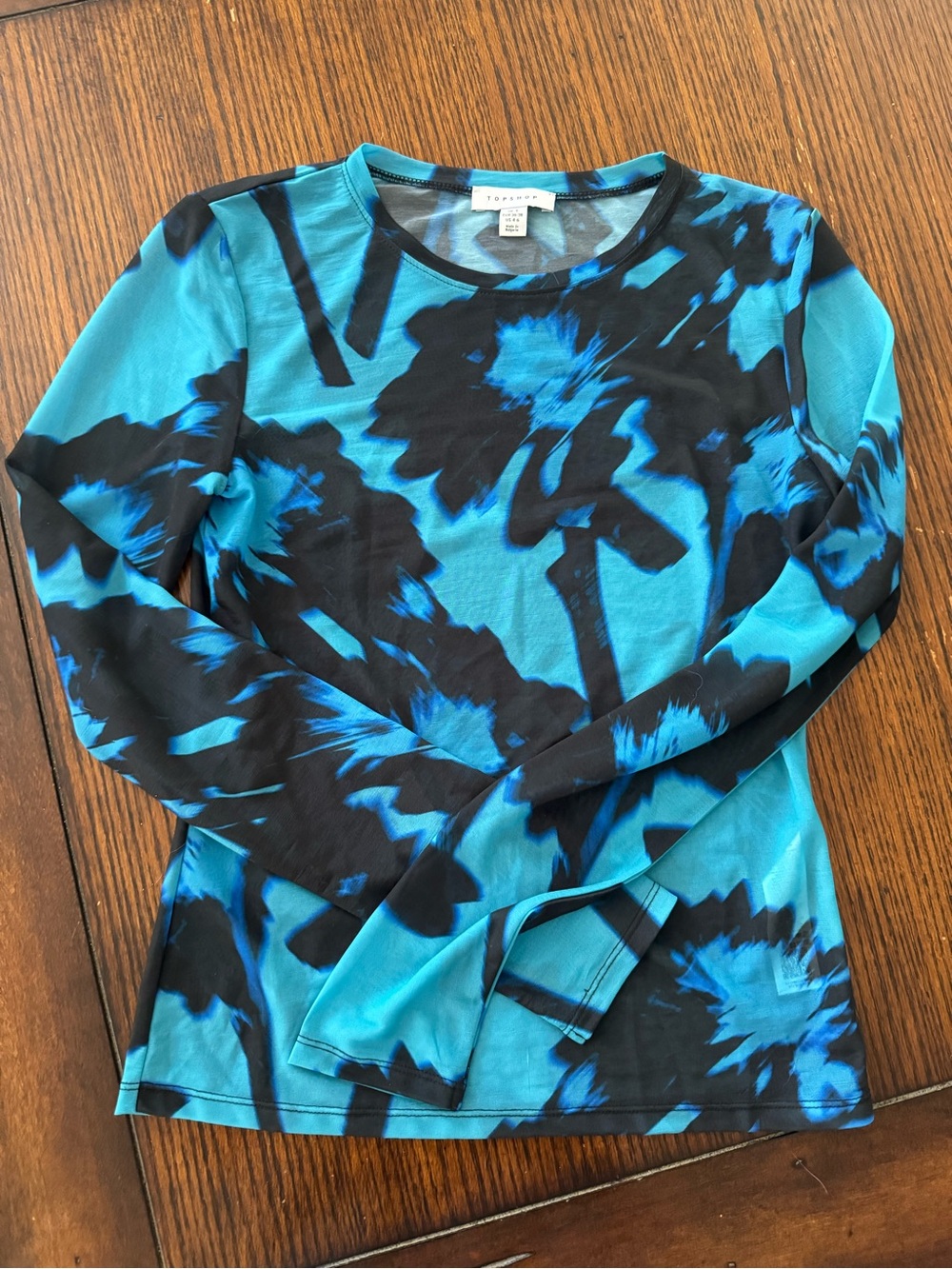 Topshop Turquoise and Black Floral Long-Sleeve Sheer Top